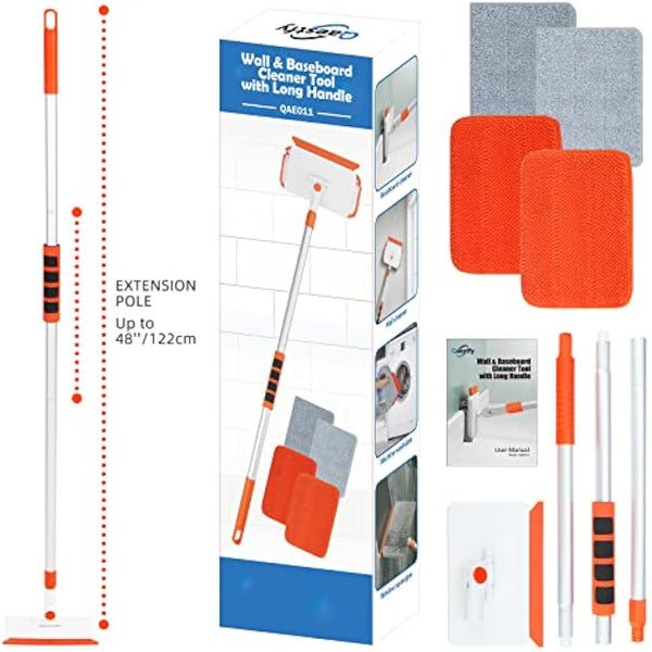 Qaestfy Wall & Skirting Board Cleaner Mop Tool with 122cm Long Handle for Cleaning Baseboard Window Floor Ceiling Bathtub Tub Tile Scrubber Brush Duster with 4 Reusable Pads