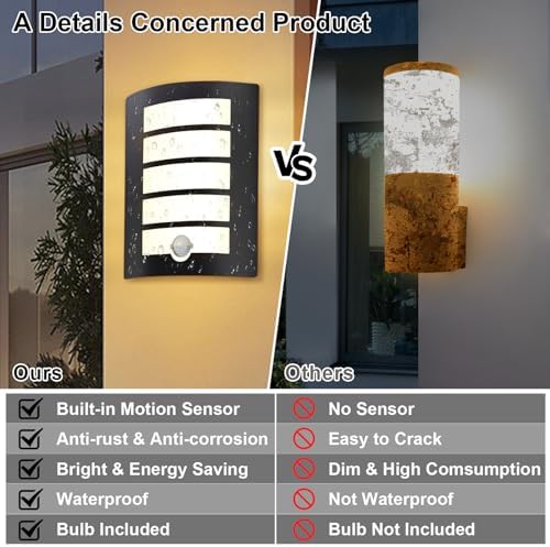 Wondlumi Outdoor Wall Lights Mains Powered 240V PIR Motion Sensor Curved Outside Wall Light Black IP44 Waterproof for Front Door, Incl. 12W LED E27 Bulbs Warm White