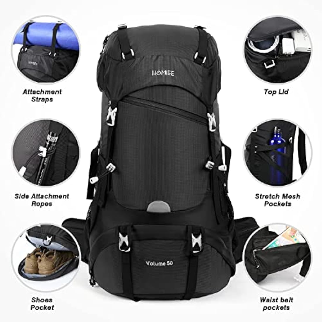 HOMIEE 50L Waterproof Hiking Backpack for Men Women, Lightweight Trekking Backpack with Rain Cover, Large Camping Rucksack for Outdoor Sports Travel Hiking Cycling Climbing Mountaineering