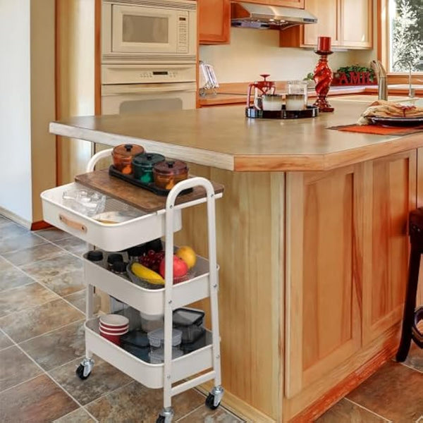 DOEWORKS Storage Trolley on Wheels Metal 3-Tier Trolley Cart with Drawer Rolling Kitchen Trolleys Beauty Trolleys with Leather Handle for Room Bathroom Office, White