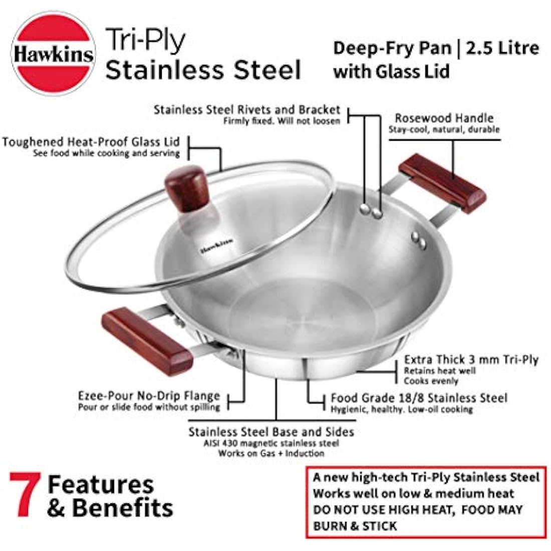 HAWKINS 2.5 Litre Deep Fry Pan, Triply Stainless Steel Kadai with Glass Lid, Flat Bottom Induction Kadhai, Silver (SSD25G)