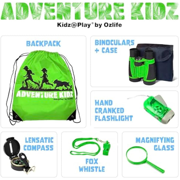 Adventure Kidz - Outdoor Exploration Kit, Children’s Toy Binoculars, Flashlight, Compass, Fox Whistle, Magnifying Glass, Backpack. Great Kids Gift Set for Camping, Hiking, Educational, Pretend Play.
