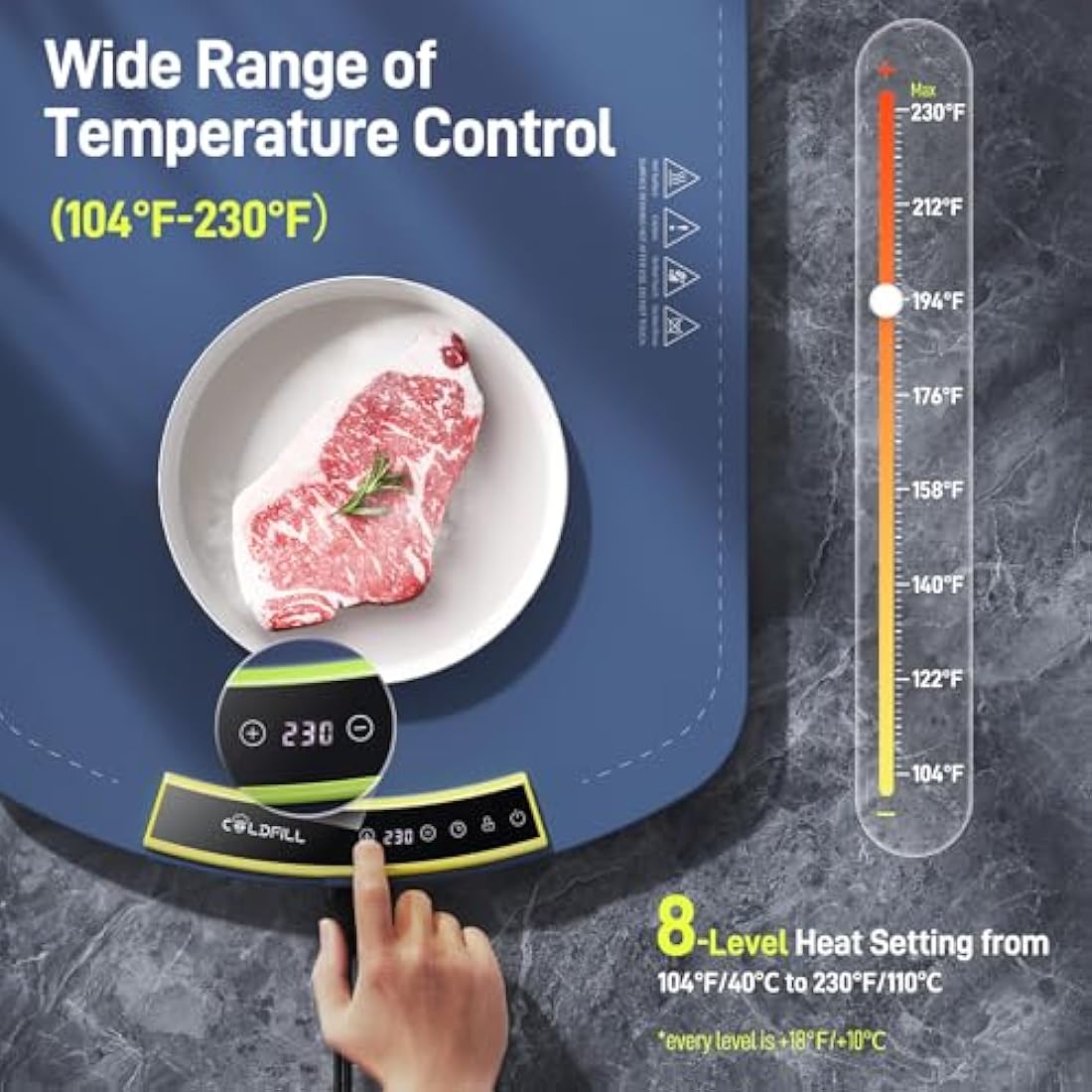 Electric Warming Tray - Upgraded 8 TEMP Setting Food Warming Mat, Full-surface Heat in 5s, 4 Hours Auto-off, Child Safety Lock, Foldable Food Warmers for Buffet Server Party, 65 * 40 * 1.5cm