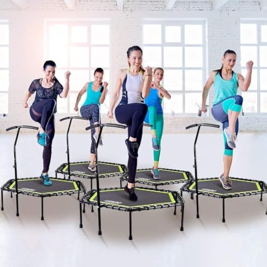 ONETWOFIT 45"/48"/51" Silent Mini Fitness Trampoline with Adjustable Handle Bar Fitness Trampoline Bungee Rebounder Jumping Cardio Trainer Workout for Adults or Kids