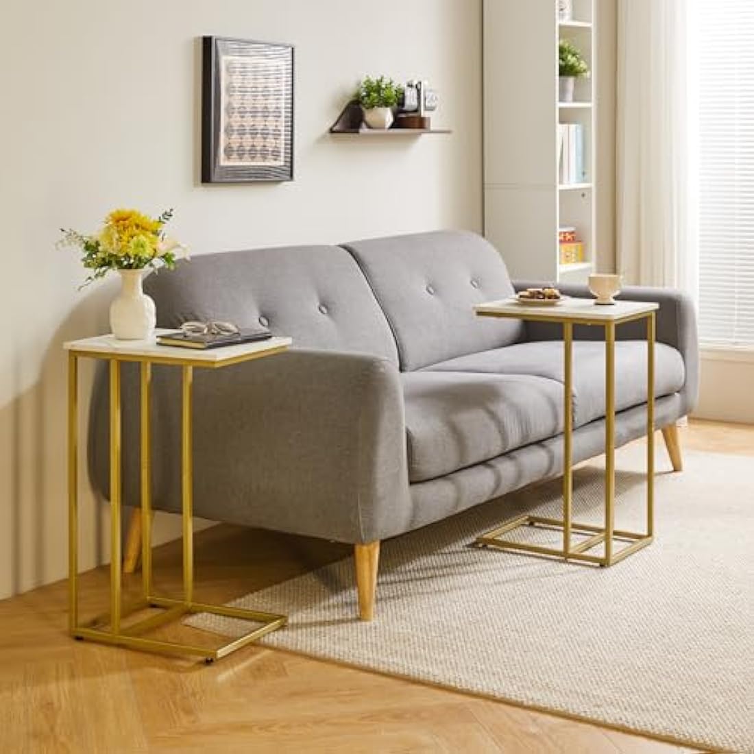 Aibiju C Shaped Side Table, End table, Laptop Holder Table for Study, Work, Industrial for Small Space,Living Room, Bedroon, Metal Frame, Modern, White Faux Marble and Gold Metal Frame, YD-TM051G