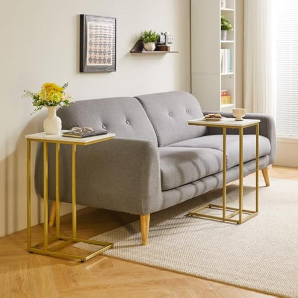 Aibiju C Shaped Side Table, End table, Laptop Holder Table for Study, Work, Industrial for Small Space,Living Room, Bedroon, Metal Frame, Modern, White Faux Marble and Gold Metal Frame, YD-TM051G