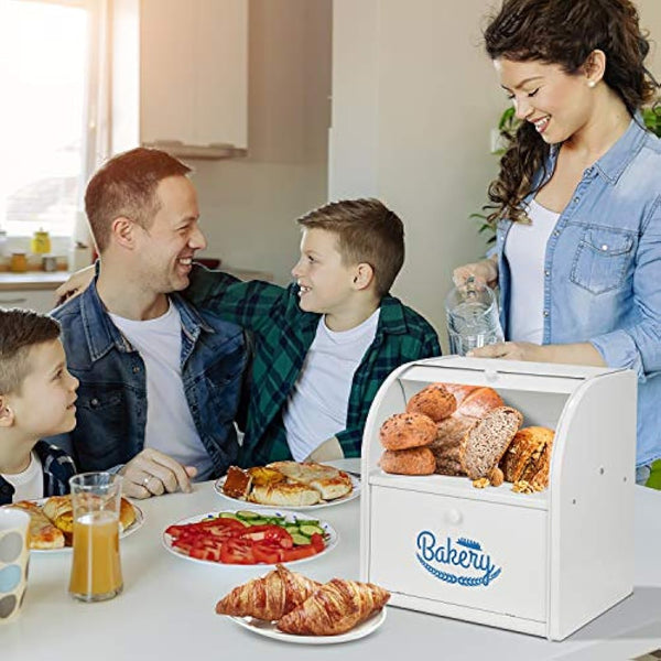 Hossejoy Metal Bread Box, Double Compartment Roll Top Countertop Bread Storage, Bread Bin Container Holder, Double Layer Breadbox Holds for your Kitchen Counter（White）