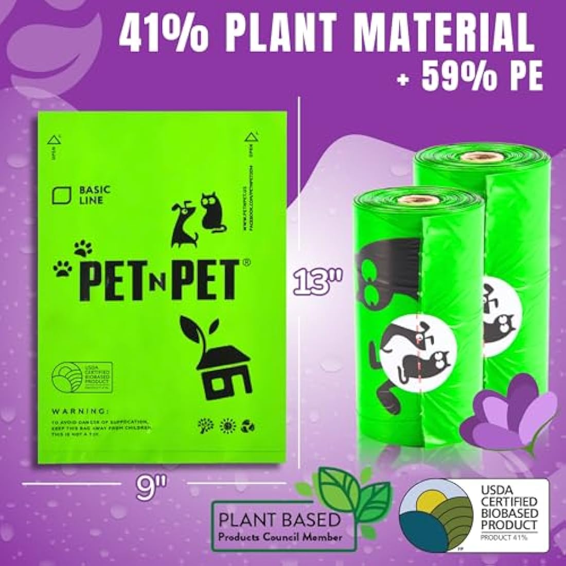 PET N PET 1080 Count Poo Bags Dogs USDA 41% Biobased 72 Thick Dog Poop Bags Rolls 9x13 Leak-Proof Lavender Scented