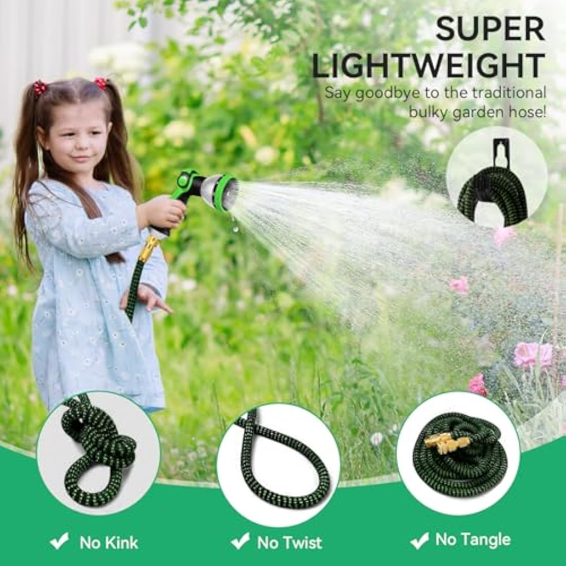 Expandable Garden Hose Pipe, Upgraded 3-Layer Latex No-Kink Flexible Water Hose, 3/4"&1/2" Metal Connectors, 10 Function Spray Nozzle 50FT