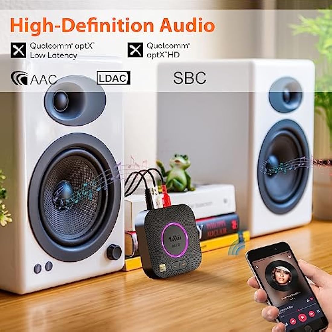 1Mii B06S+ LDAC Bluetooth 5.2 Receiver for Home Stereo Hi-Res Music Streaming, Hi-Fi Wireless Audio Adapter w/aptX HD Low Latency, Long Range Bluetooth Audio Receiver Volume Control, RCA/3.5mm Outputs