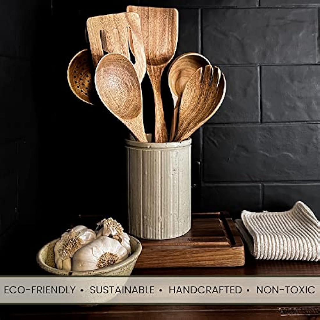 A&M Natural Living Wooden Kitchen Utensils Set of 7 for Cooking, Wooden Kitchen Utensils Including Wooden Spoons, Serving Spoon, Wooden Spatula Set, Wooden Spoons Cooking Kitchen Sets