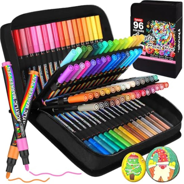 Lyuvie Acrylic Paint Pens Marker, 96 Colours Acrylic Markers for Rock Painting Fabric Glass Pebbles Stone Plastic Metal Wood Ceramic