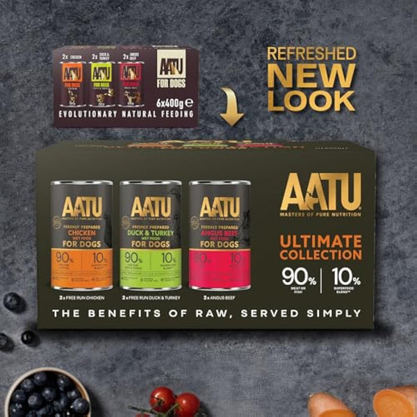 AATU Adult Dog Food Wet Tins - Variety Pack (6x400g) - Grain Free Recipe with No Artificial Ingredients - Good for Low Maintenance Feeding