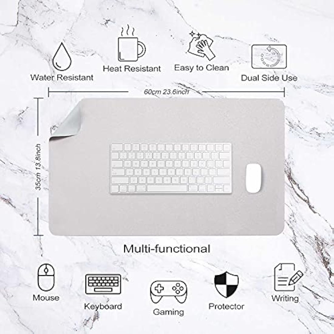 Desk Pad Large, Desk Mat, Extended Mouse Mat, Mouse Pad L, Desk Blotter, DOBAOJIA Laptop Pad Writing Pad for Office/Home, Dual-Side Use PU Leather Waterproof 23.6" X 13.8"(Light Gray/Silver)