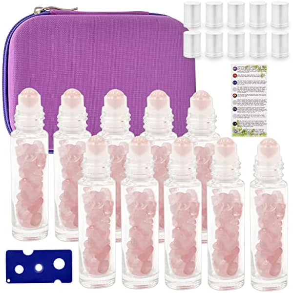 Essential Oil Roller Bottle EVA Carrying Travel Case and 10pcs Essential Oil Gemstone Roller Ball Bottles Frosted Glass Inside 10ml Healing Crystal Chips