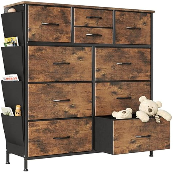Flrrtenv Chest of Drawers, 100cm Wide Dresser for Bedroom with 10 Drawers, Tall Fabric Storage Organizer Fit for Nursery, Living Room, Closet - Rustic Brown