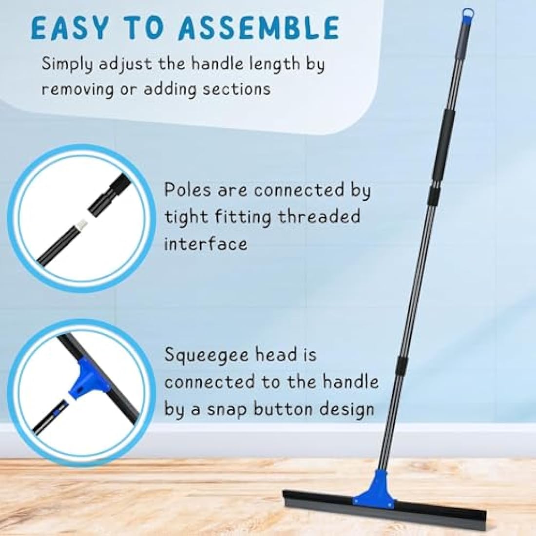 Floor Squeegee for Concrete and Tile Cleaning, 60 cm Rubber Squeegee Broom, Large Heavy Duty Outdoor squeegee patio 160 cm Long Handle, Cleaning Garage, Deck, Bathroom, Shower Glass, Window,Marble
