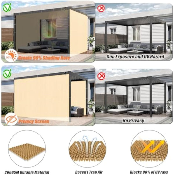 KANAGAWA 90% Sun Shade Cloth 12'X 20' Outdoor Pergola Shade Cover Canopy with Grommets UV Block Privacy Screen for Patio, Backyards, Outdoor, Carport, Garden, Wheat
