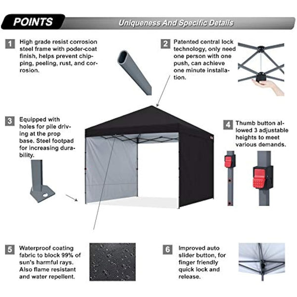 ABCCANOPY 2.5x2.5M Pop up Gazebo With Two Side Panels Upgraded Roller Bag, 4 Weight Bags, Stakes and Ropes (Black)