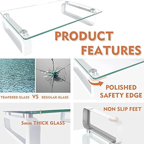 Hemudu Clear Computer Monitor Stand Riser Multi Media Desktop Stand for Flat Screen LCD LED TV, Laptop/Notebook, with Tempered Glass and Metal Legs, HD02T-001P