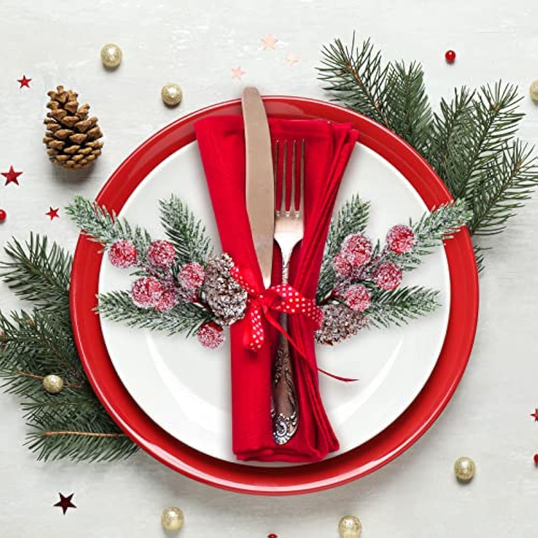 ELECLAND 10 Pcs Christmas Picks Decorations Artificial Pine Branches Stems Spray with Pine Cones Faux Pine Picks Red Berry Holly Leaves for Craft Floral Christmas Wreath Picks Ornaments, Red