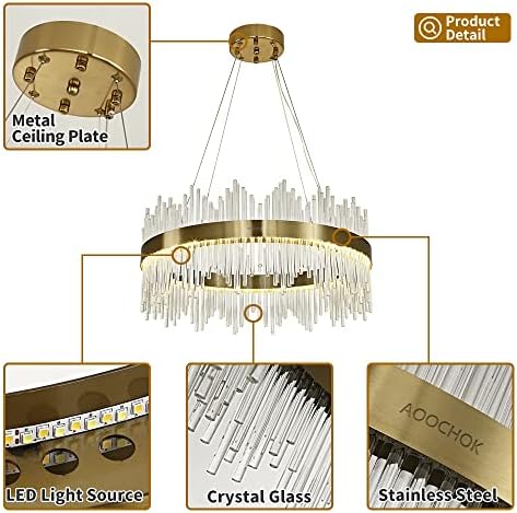 AOOCHOK Modern Crystal Chandelier Gold Ceiling Lights, LED Pendant Light Round, Crystal Hanging Lamp for Living Room, Dining Room, Bedroom, Restaurant, ∅60 cm