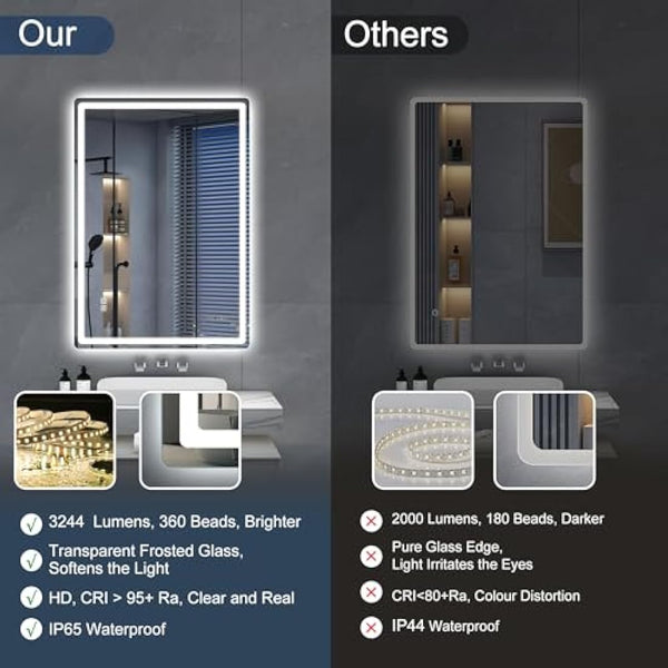 S'bagno Bathroom Mirror with LED Lights 1000x700mm, LED Bathroom Mirror with Memory, Anti-Fog, 3000K/4000K/6500K, Dimmable, HD Tempered Glass, IP44 Waterproof, Horizontal/Vertical