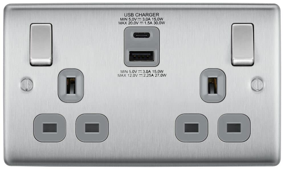 BG Electrical Cooker Switch with Socket and LED, Cooker Control Unit, Control Socket, Double Pole, Raised Profile, Round Edges, Nexus Metal, Brushed Steel, Grey Inserts, 45A, NBS70G