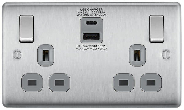 BG Electrical Cooker Switch with Socket and LED, Cooker Control Unit, Control Socket, Double Pole, Raised Profile, Round Edges, Nexus Metal, Brushed Steel, Grey Inserts, 45A, NBS70G