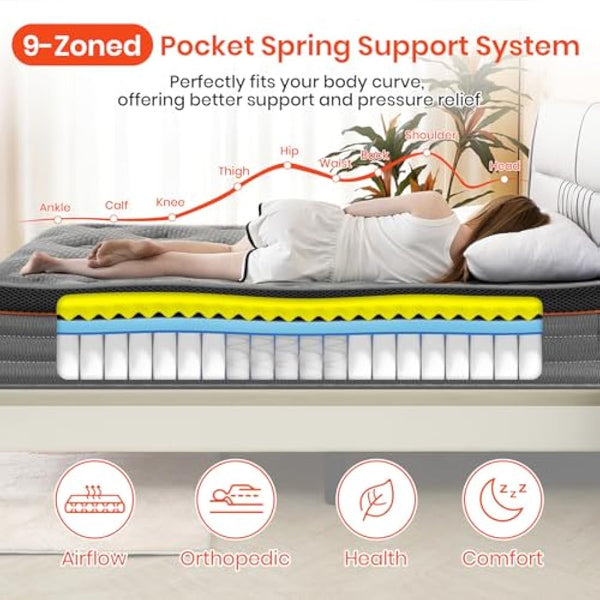Good Nite King Size Mattress Pocket Springs 5FT 10 Inch Hybrid Medium Firm Bed 150x200x25cm with 9-Zone Support Reinforced Edges Breathable Grey Knit Fabric Mattress in a Box