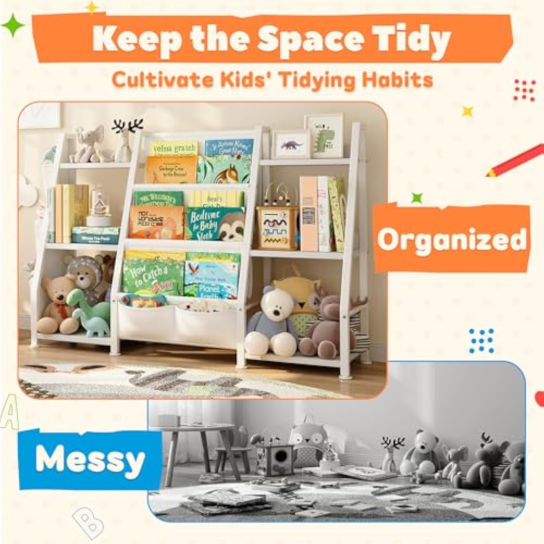 GoTiling Kids Bookshelf and Toy Storage: 3-Tier Book Shelf Childrens Bookcase - 6 Small Storage Units for Kids Room, Playroom, Nursery and Bedroom