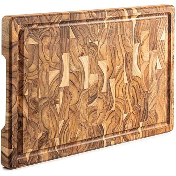 Erreke Wooden Chopping Boards, End Grain Large Teak Wood Chopping Board, Ideal for Kitchen or Barbecue, Serve or Chop Food Meat Cheese Bread, 44 x 29.5 x 3.2 cm (with Juice Groove)