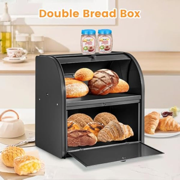 Esilihom Bread Bin, Bread Bins for Kitchen, 2-Layer | Large | Roll Top | 30 x 24.5 x 32.5cm, Black