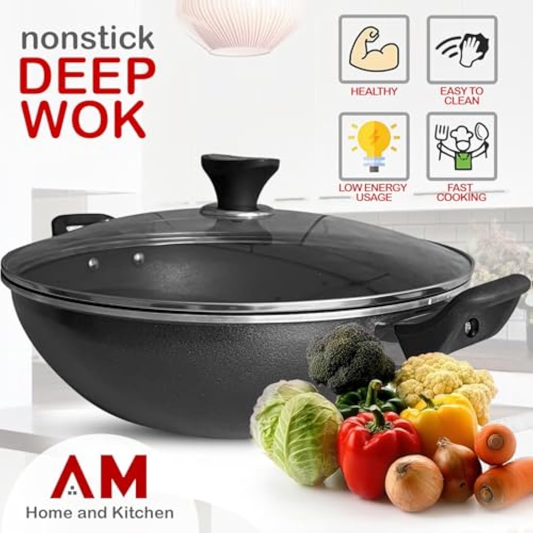 AM Home and Kitchen: 36cm Induction Wok Non Stick with Lid | Versatile Deep Frying Pan, Cookware, Saucepan, PaellaPan, Stock Pot, Stir-Fry & GriddlePan,Glass Lid with Steam Vent