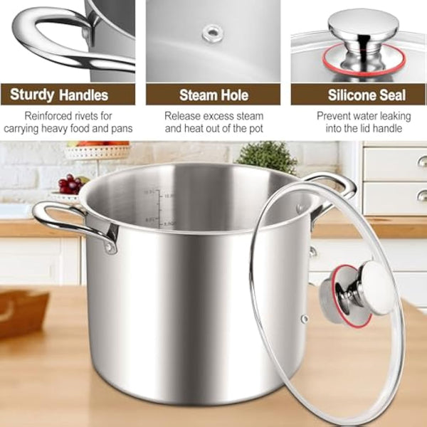 HaWare Large Stock Pot, 10L 25.5cm Tri-Ply Stainless Steel Soup Pot with Visible Lid for Pasta/Meat, Metal Cooking Induction Stockpot, Suit for All Kitchen Stove Top, Healthy & Non Toxic, Easy Clean