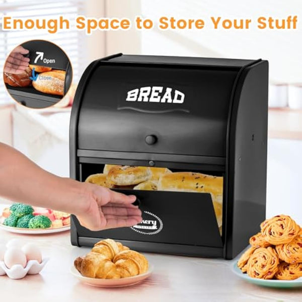 Esilihom Bread Bin, Bread Bins for Kitchen, 2-Layer | Large | Roll Top | 30 x 24.5 x 32.5cm, Black