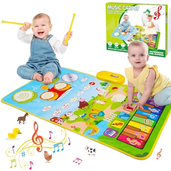 HappyGoLucky Musical Toys for 1 2 Year Old Boys, 3 in 1 Animal Piano Drum Mat with 19 Sound & Recording Function Toddler Toys 1 2 Year Old Boy Gifts, 1st Birthday Gifts for Boys Easter Gifts for Kids