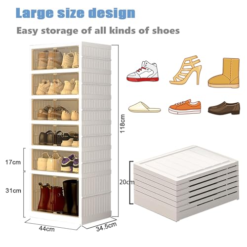 6PCS Shoe Storage Box White Shoe Storage Cabinet Plastic Shoe Boxe Shoe Racks Storage for Sneaker Boot Container Shoe Rack Cabinet Clear Foldable with