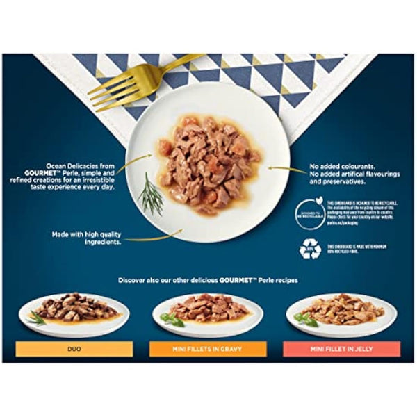 GOURMET Perle Mini Fillets in Gravy Ocean Delicacies (Salmon,Tuna,OceanFish,Plaice) Wet Cat Food Pouch 12x85g, Pack of 4