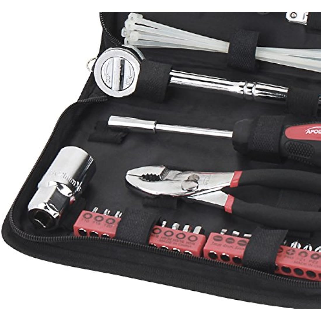 Apollo Tools 56 Piece Compact Metric Auto Tool Set in Zippered Case, Small Mechanic Tool Set for Car, Motorcycle Repair on The Road, Great for Travel - Red - DT9775