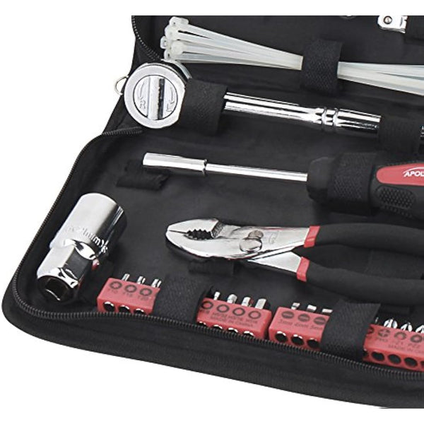 Apollo Tools 56 Piece Compact Metric Auto Tool Set in Zippered Case, Small Mechanic Tool Set for Car, Motorcycle Repair on The Road, Great for Travel - Red - DT9775