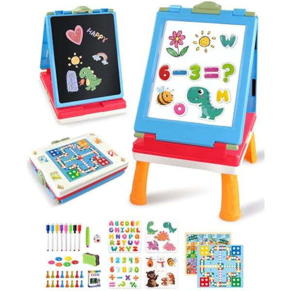 Elovien Easel Kids, 4 in 1 Double Sided Toddler Art Easel with Chalkboard & Magnetic Whiteboard, Foldable Kids Tabletop Easel with Drawing & Writing Accessories - Gift for Boys and Girls (Blue)