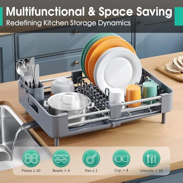 KINGRACK Extendable Dish Drainer Rack, Stainless Steel, Foldable Dish Rack with Removable Cutlery Holder and Anti-Scratch Holder, Adjustable Draining Board Rack with Drainage Spout, Gray
