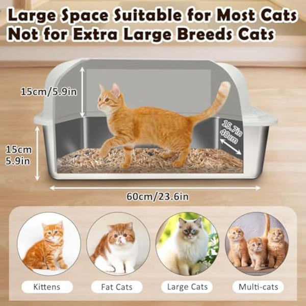 Vivifying Extra Large Grey Stainless Steel Cat Litter Box, Easy to Clean and Odour-Resistant Metal Cat Litter Tray with Lid, Leak-Proof, 55 x 35 x 30 cm