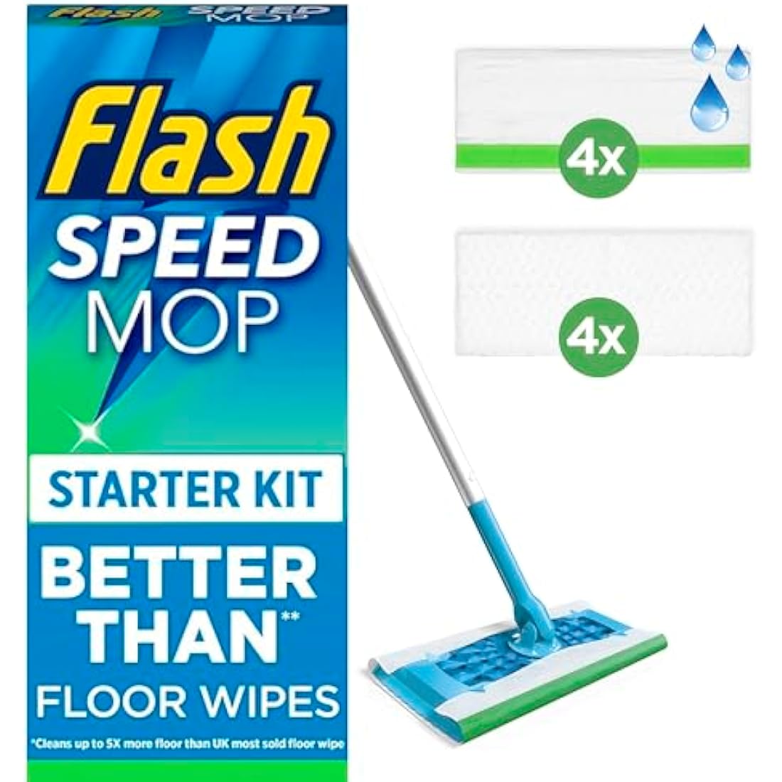 Flash Speedmop Floor Cleaner Starter Kit, Fast Easy & Hygienic (1 Handle + 4 Wet & 4 Dry Refills), Trap & Lock Daily Dirt, Grease & Grime Without Getting Down On Your Knees