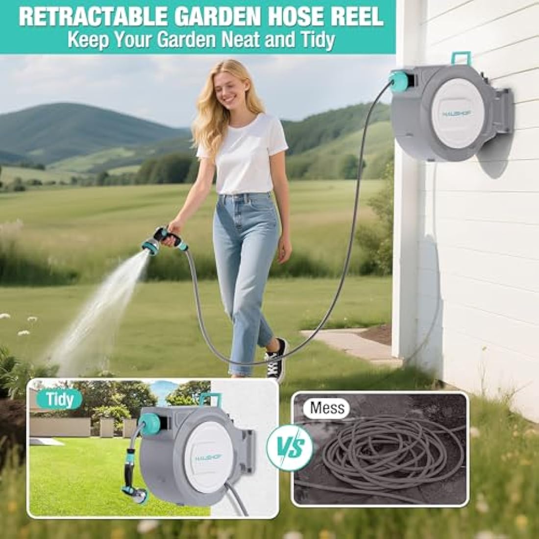 HAUSHOF 30m Wall Mounted Hose Reel with 10-in-1 Spray Gun, 180° Swivel Garden Hose Reel, Auto Retractable Hose Pipe Reel with Lock Mechanism, Ideal for Outdoor Watering