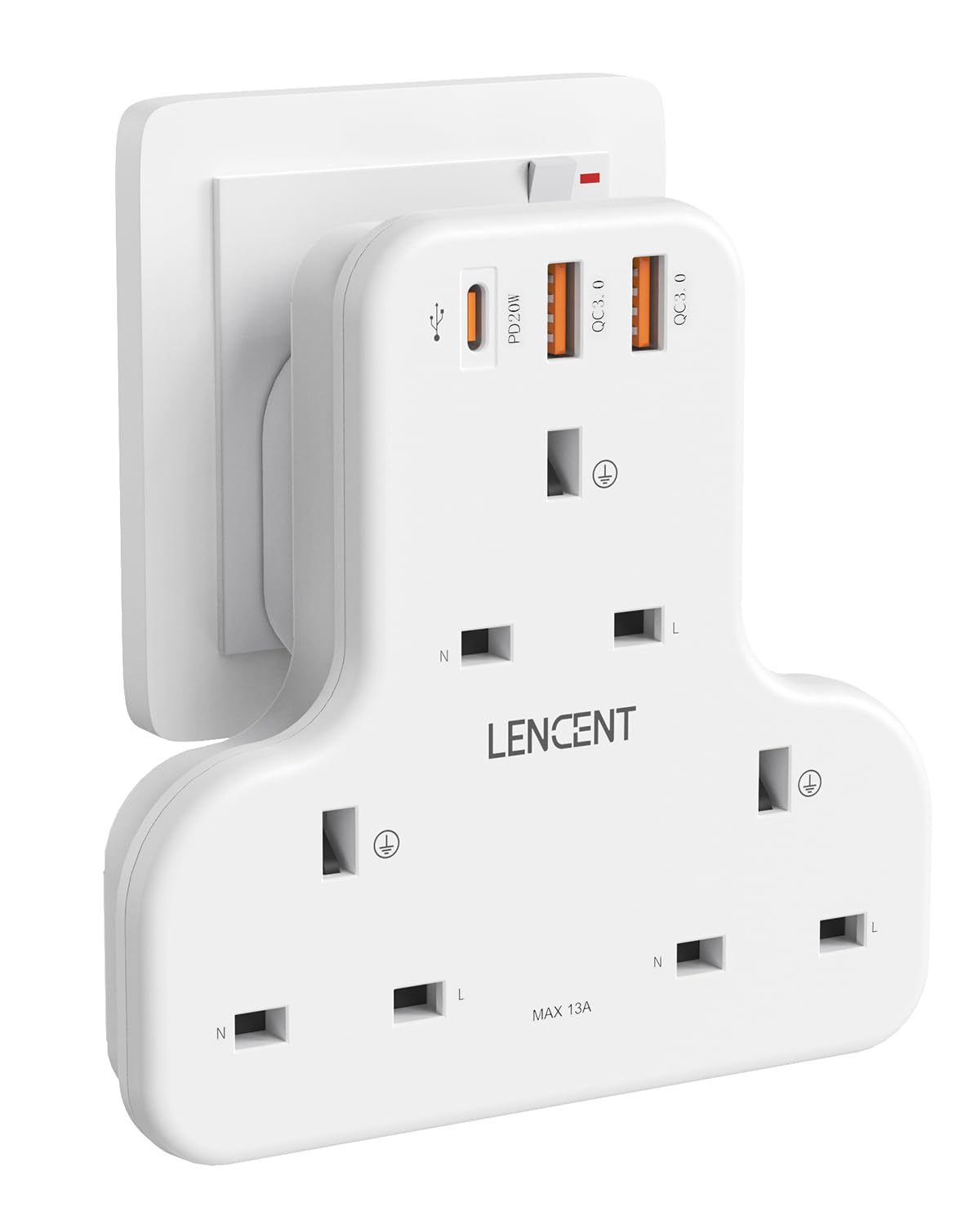 LENCENT Plug Extension Socket, 3 Way Multi Plug Socket with 3 USB Ports, Power Extender Wall Adaptor for Household Appliances, Iphone, Smartphone, Tablet, Home, Office, Bedroom, 13A 3250W