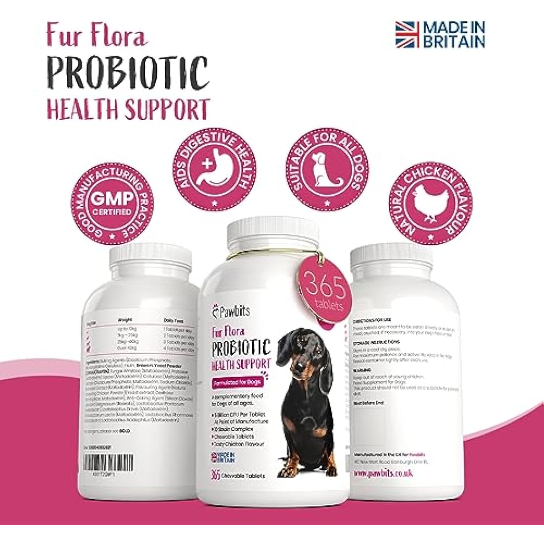 365 Canine Probiotics & Prebiotics Tablets for Dogs – 5 Billion CFU Tablet Chicken Flavour Chewable Dietary Supplements -10 Strain Complex for Digestive Support, Gut Health, Bad Breath & Itchy Skin