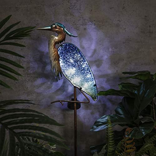 TERESA'S COLLECTIONS Garden Ornaments Outdoor Gifts for Christmas, Decorative Glass Blue Heron Solar Stake Light, Waterproof Metal Bird Solar Garden Light Decor for Lawn,Yard & Pond, 106cm