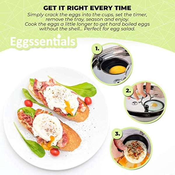 Eggssentials Egg Poacher Pan - Nonstick Coating, Stainless Steel, PFOA Free Poached Egg Maker with Spatula